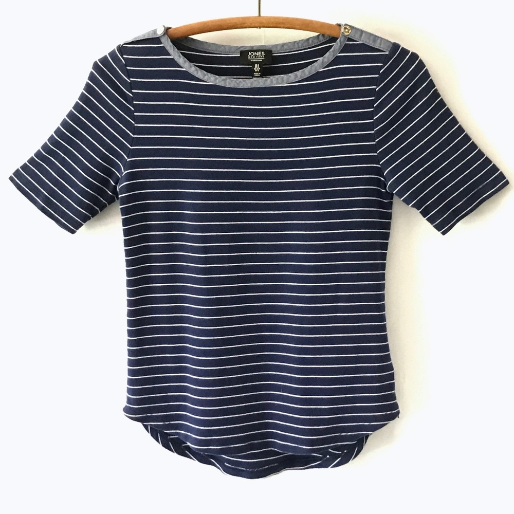 3/$15 Jones New York Navy White Striped Tee